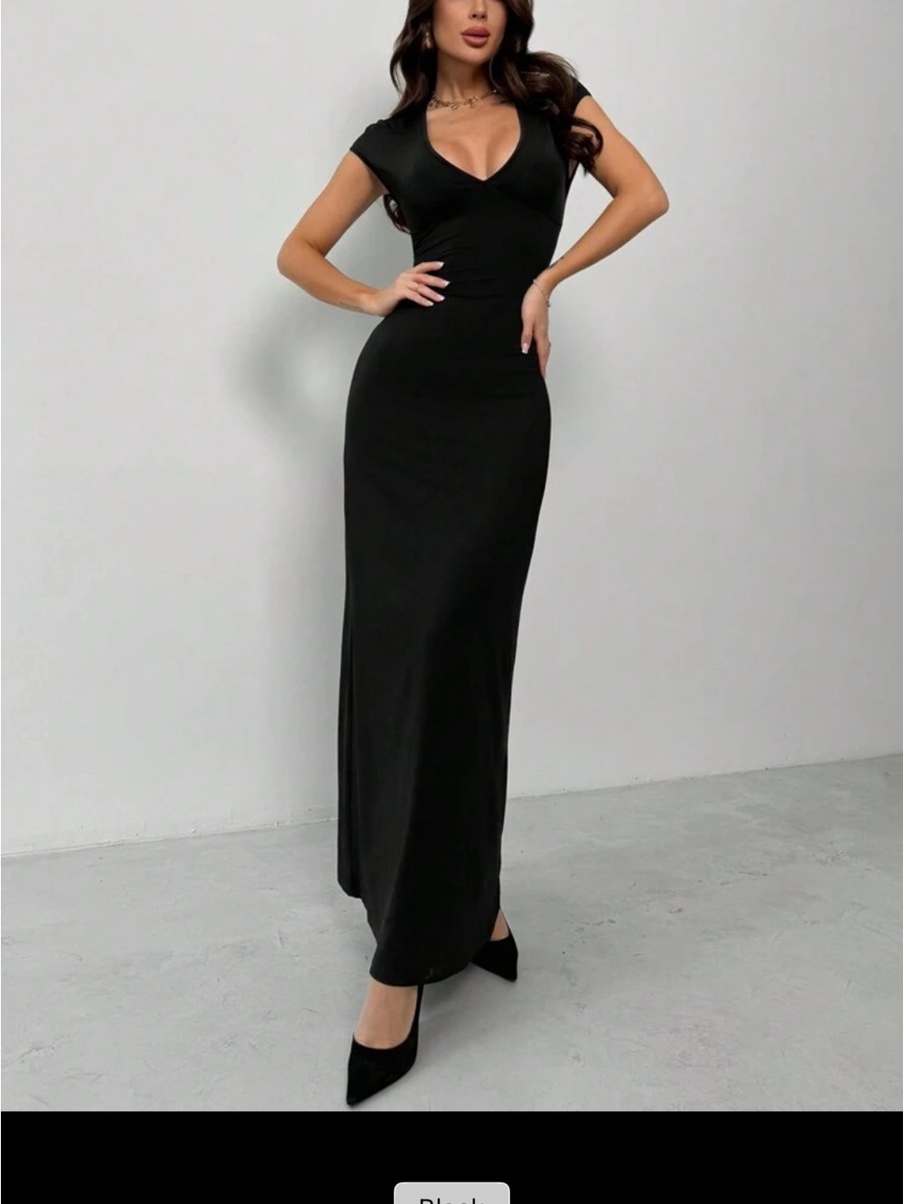Elegant Black V-Neck Cap-Sleeve Maxi Dress
